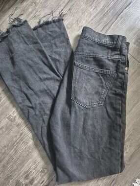 ZARA The 90s Full Length Black Frayed Hem Straight Leg Jeans